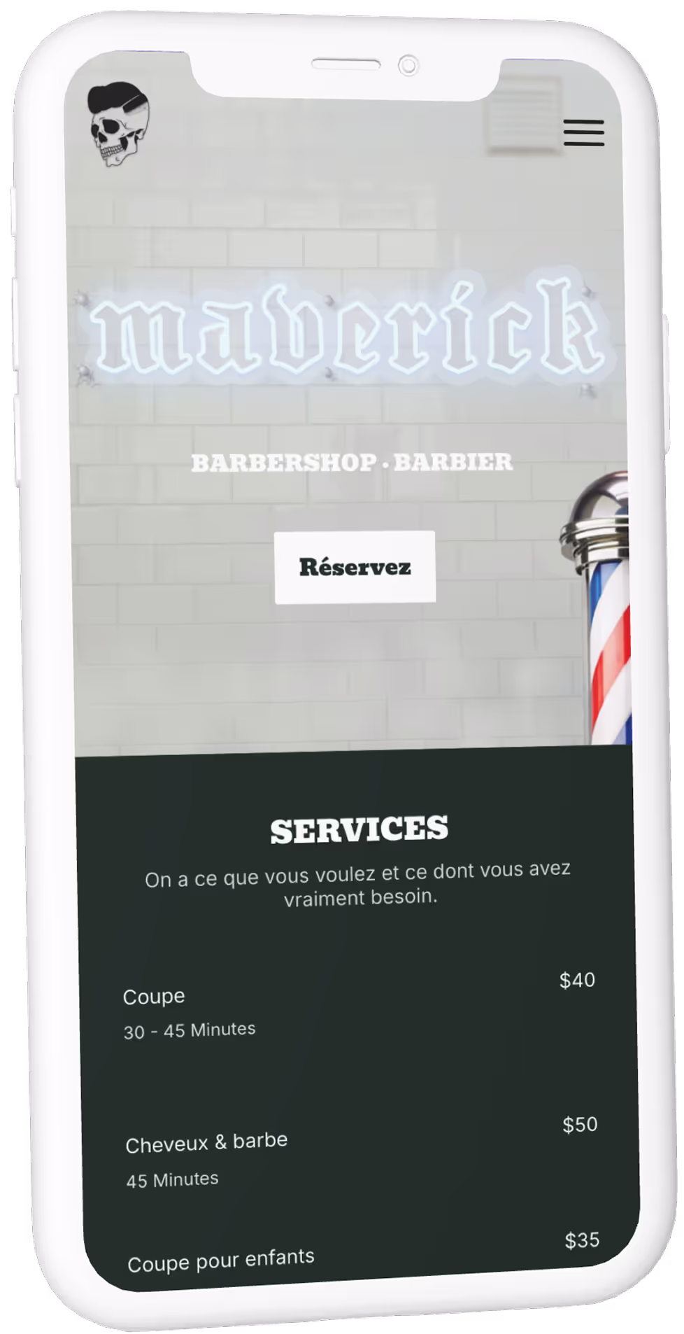Maverick Barbershop's website displayed on a phone.